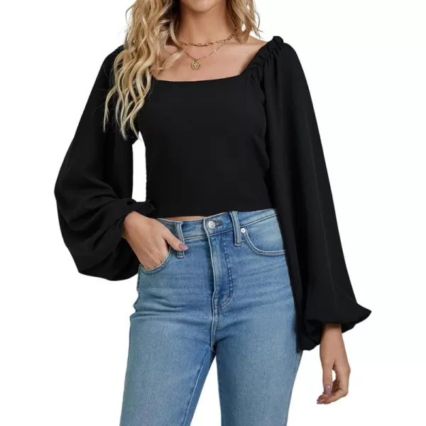 LYANER Women's Square Neck Shirred Back Puff Long Sleeve Crop Blouse Shirt Top