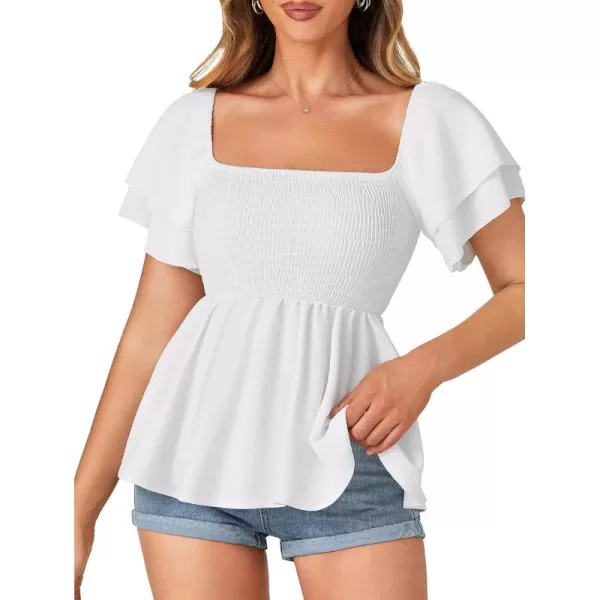 LYANER Women's Square Neck Shirred Top Ruffle Short Sleeve Babydoll Smocked Blouse