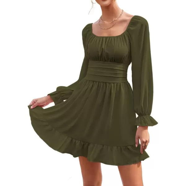 LYANER Women's Square Neck Tie Back Elastic Waist Long Sleeve Ruffle Hem Mini Dress