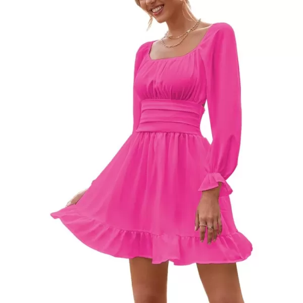 LYANER Women's Square Neck Tie Back Elastic Waist Long Sleeve Ruffle Hem Mini Dress
