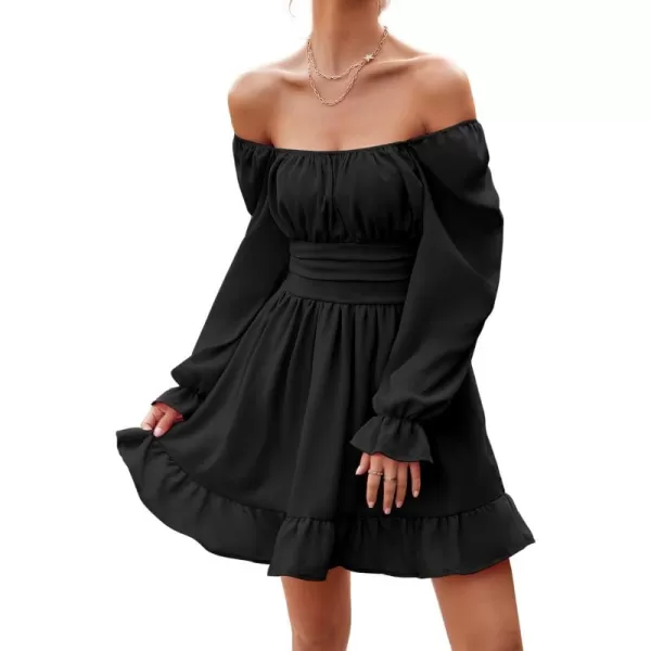 LYANER Women's Square Neck Tie Back Elastic Waist Long Sleeve Ruffle Hem Mini Dress