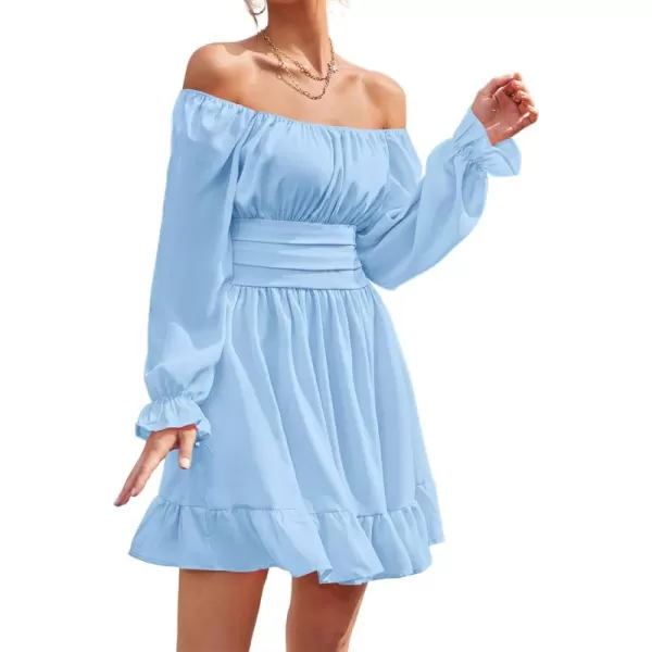 LYANER Women's Square Neck Tie Back Elastic Waist Long Sleeve Ruffle Hem Mini Dress