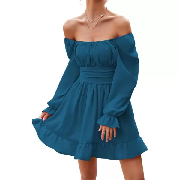 LYANER Women's Square Neck Tie Back Elastic Waist Long Sleeve Ruffle Hem Mini Dress