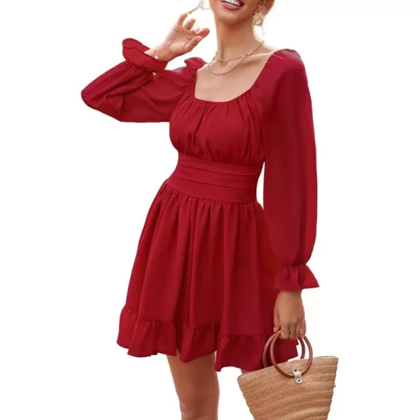 LYANER Women's Square Neck Tie Back Elastic Waist Long Sleeve Ruffle Hem Mini Dress