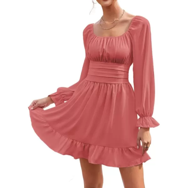 LYANER Women's Square Neck Tie Back Elastic Waist Long Sleeve Ruffle Hem Mini Dress
