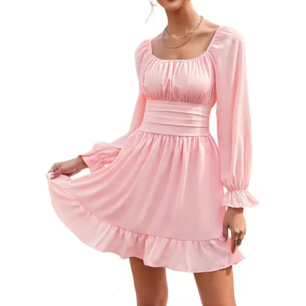 LYANER Women's Square Neck Tie Back Elastic Waist Long Sleeve Ruffle Hem Mini Dress