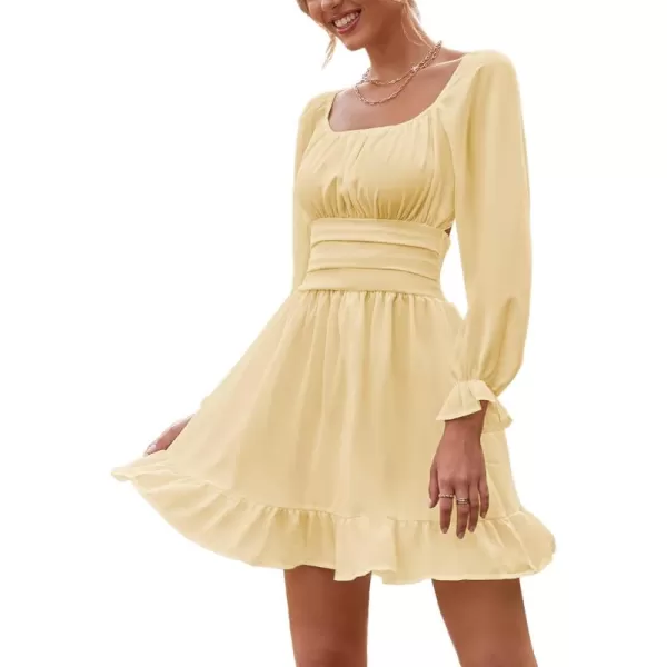 LYANER Women's Square Neck Tie Back Elastic Waist Long Sleeve Ruffle Hem Mini Dress