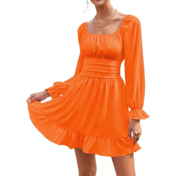 LYANER Women's Square Neck Tie Back Elastic Waist Long Sleeve Ruffle Hem Mini Dress