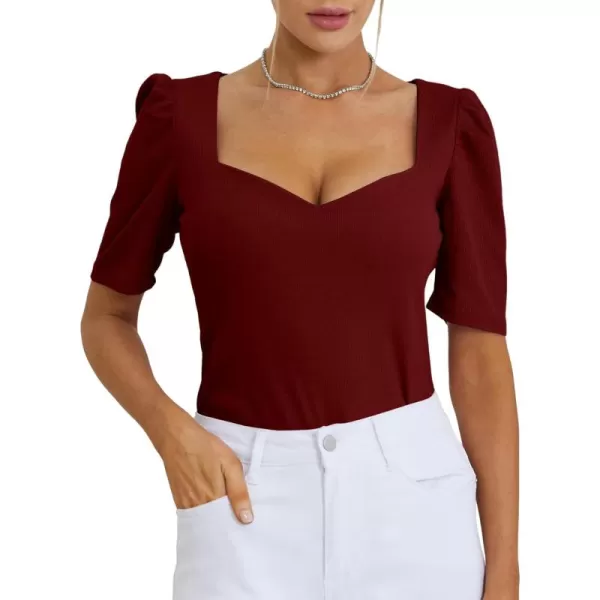LYANER Women's Square V Neck Puff Short Sleeve Knit Summer Elegant T-Shirt Tops