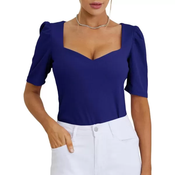 LYANER Women's Square V Neck Puff Short Sleeve Knit Summer Elegant T-Shirt Tops