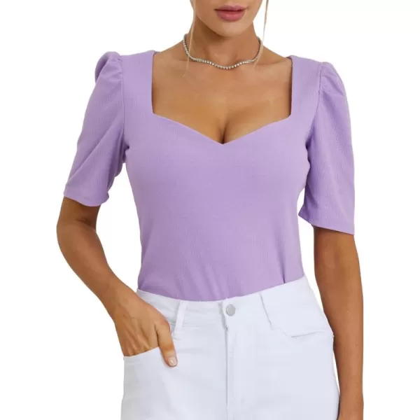 LYANER Women's Square V Neck Puff Short Sleeve Knit Summer Elegant T-Shirt Tops