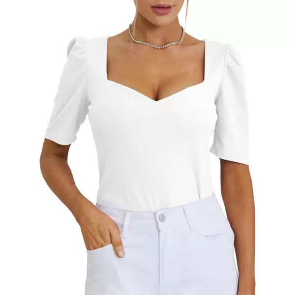 LYANER Women's Square V Neck Puff Short Sleeve Knit Summer Elegant T-Shirt Tops