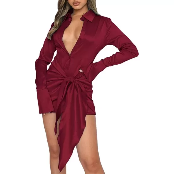 LYANER Women's Stain Deep V Neck Button Down Tie Front Long Sleeve Mini Short Dress