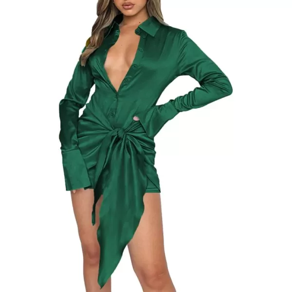 LYANER Women's Stain Deep V Neck Button Down Tie Front Long Sleeve Mini Short Dress
