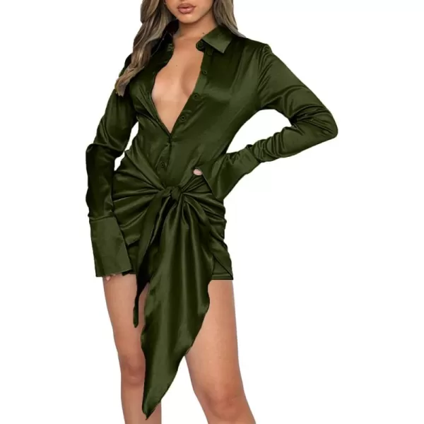 LYANER Women's Stain Deep V Neck Button Down Tie Front Long Sleeve Mini Short Dress