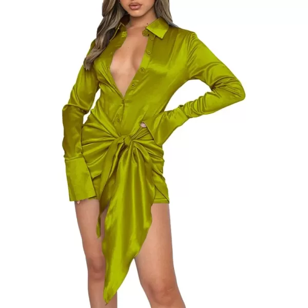 LYANER Women's Stain Deep V Neck Button Down Tie Front Long Sleeve Mini Short Dress