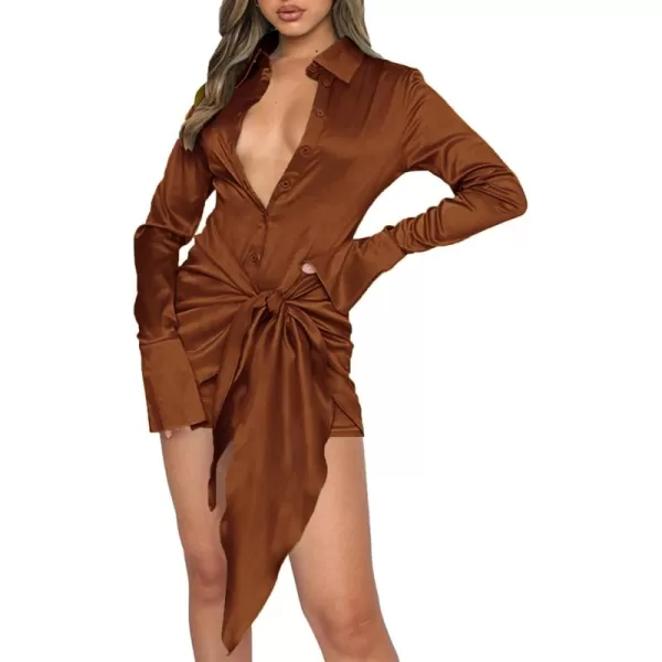 LYANER Women's Stain Deep V Neck Button Down Tie Front Long Sleeve Mini Short Dress