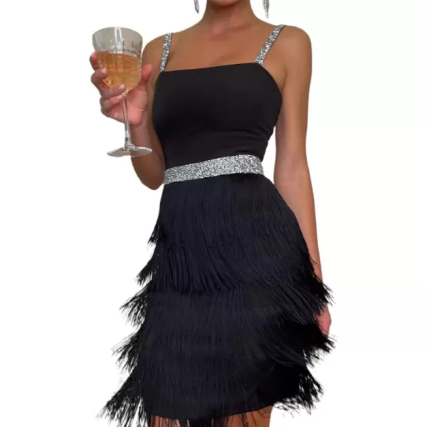 LYANER Women's Strappy Layered Fringe Cami Midi Dress Sleeveless Tassels Flapper Dresses