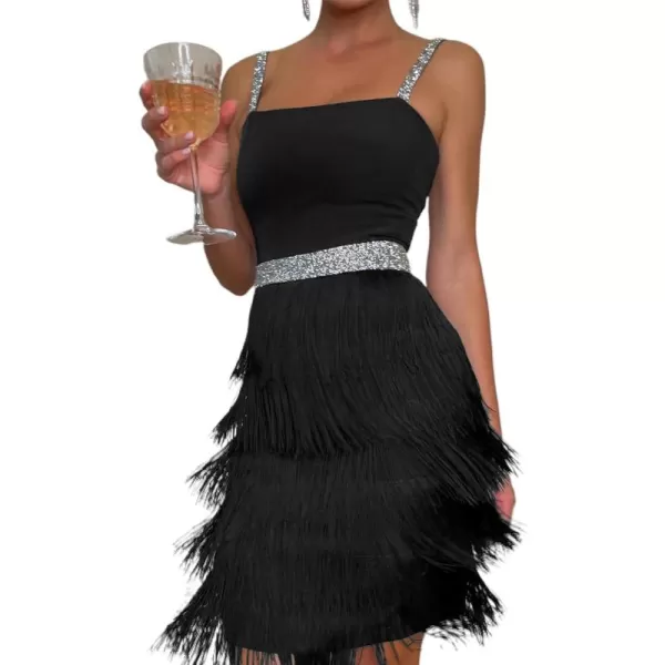LYANER Women's Strappy Layered Fringe Cami Midi Dress Sleeveless Tassels Flapper Dresses