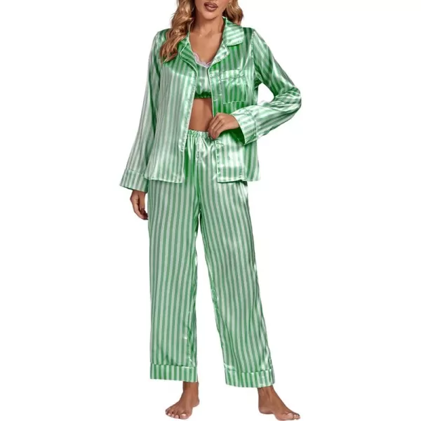 LYANER Women's Striped Satin Silky Pajamas Set Cami Long Sleeve Shirt With Pants 3Pcs Lounge Sleepwear