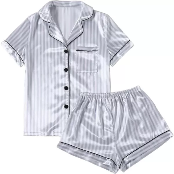 LYANER Women's Striped Silky Satin Pajamas Short Sleeve Top with Shorts Sleepwear PJ Set