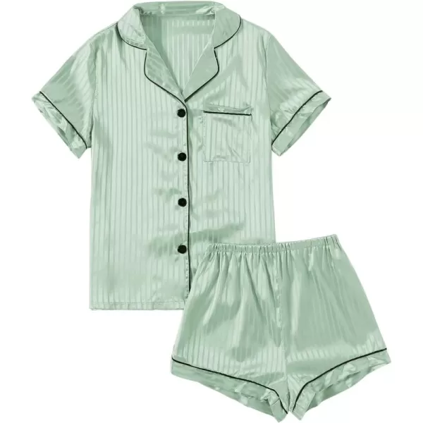 LYANER Women's Striped Silky Satin Pajamas Short Sleeve Top with Shorts Sleepwear PJ Set