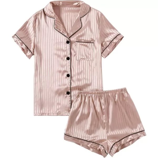 LYANER Women's Striped Silky Satin Pajamas Short Sleeve Top with Shorts Sleepwear PJ Set