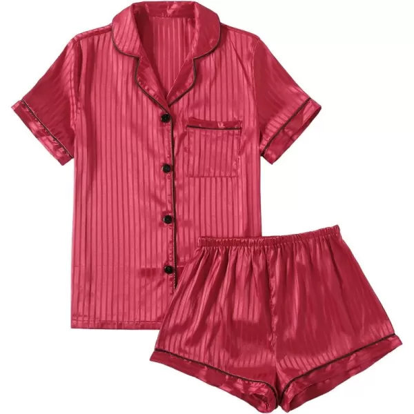 LYANER Women's Striped Silky Satin Pajamas Short Sleeve Top with Shorts Sleepwear PJ Set