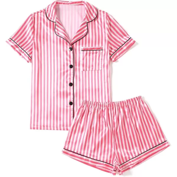 LYANER Women's Striped Silky Satin Pajamas Short Sleeve Top with Shorts Sleepwear PJ Set
