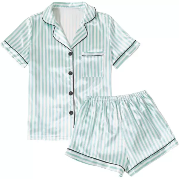 LYANER Women's Striped Silky Satin Pajamas Short Sleeve Top with Shorts Sleepwear PJ Set