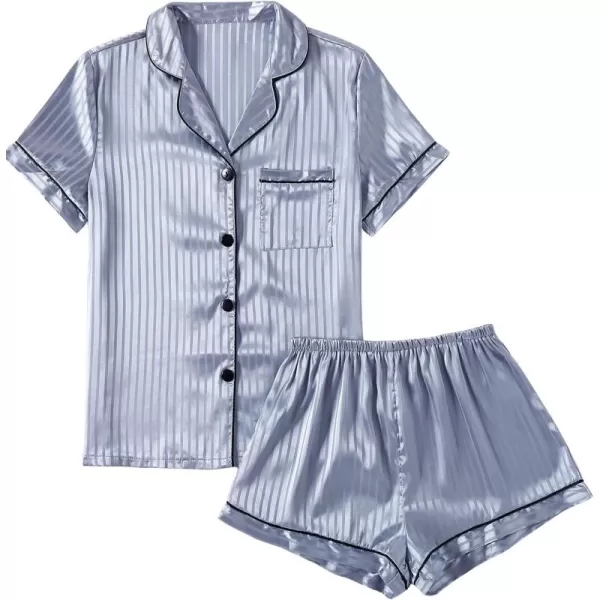 LYANER Women's Striped Silky Satin Pajamas Short Sleeve Top with Shorts Sleepwear PJ Set