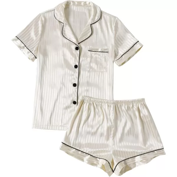 LYANER Women's Striped Silky Satin Pajamas Short Sleeve Top with Shorts Sleepwear PJ Set