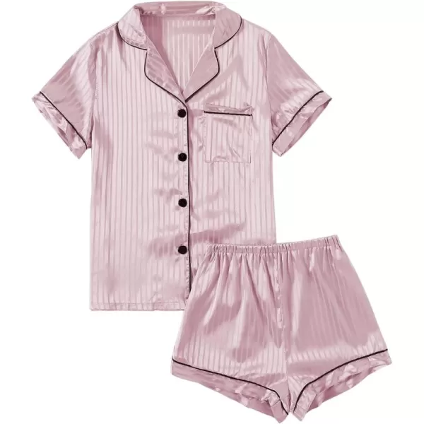 LYANER Women's Striped Silky Satin Pajamas Short Sleeve Top with Shorts Sleepwear PJ Set
