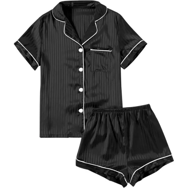 LYANER Women's Striped Silky Satin Pajamas Short Sleeve Top with Shorts Sleepwear PJ Set