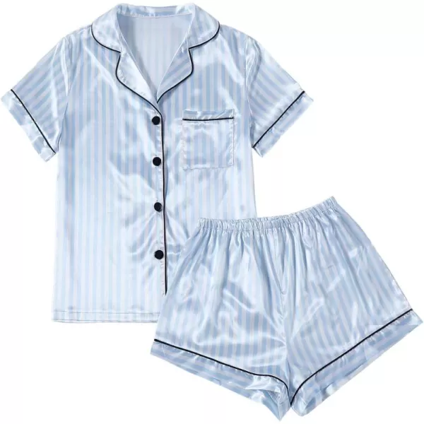LYANER Women's Striped Silky Satin Pajamas Short Sleeve Top with Shorts Sleepwear PJ Set