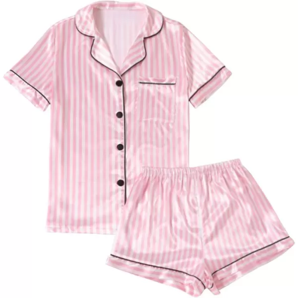 LYANER Women's Striped Silky Satin Pajamas Short Sleeve Top with Shorts Sleepwear PJ Set