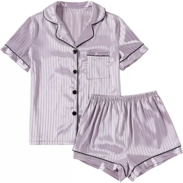 LYANER Women's Striped Silky Satin Pajamas Short Sleeve Top with Shorts Sleepwear PJ Set