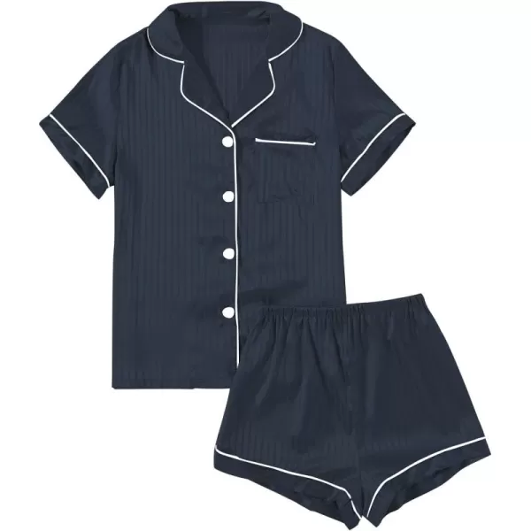 LYANER Women's Striped Silky Satin Pajamas Short Sleeve Top with Shorts Sleepwear PJ Set