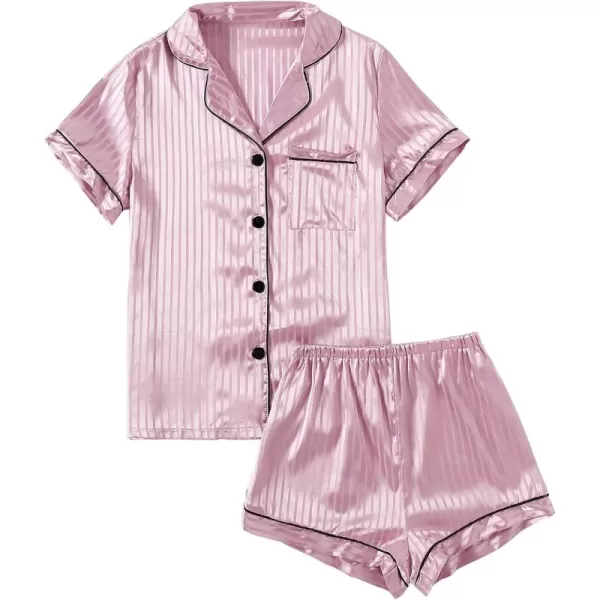 LYANER Women's Striped Silky Satin Pajamas Short Sleeve Top with Shorts Sleepwear PJ Set