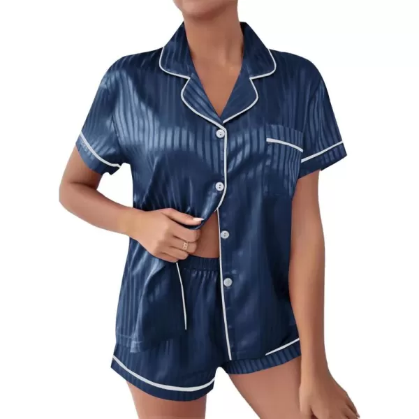 LYANER Women's Striped Silky Satin Short Sleeve Button Down Notch Collar Sleepwear PJ Set
