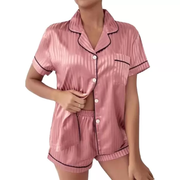 LYANER Women's Striped Silky Satin Short Sleeve Button Down Notch Collar Sleepwear PJ Set