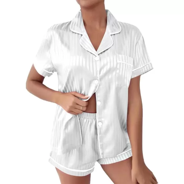 LYANER Women's Striped Silky Satin Short Sleeve Button Down Notch Collar Sleepwear PJ Set