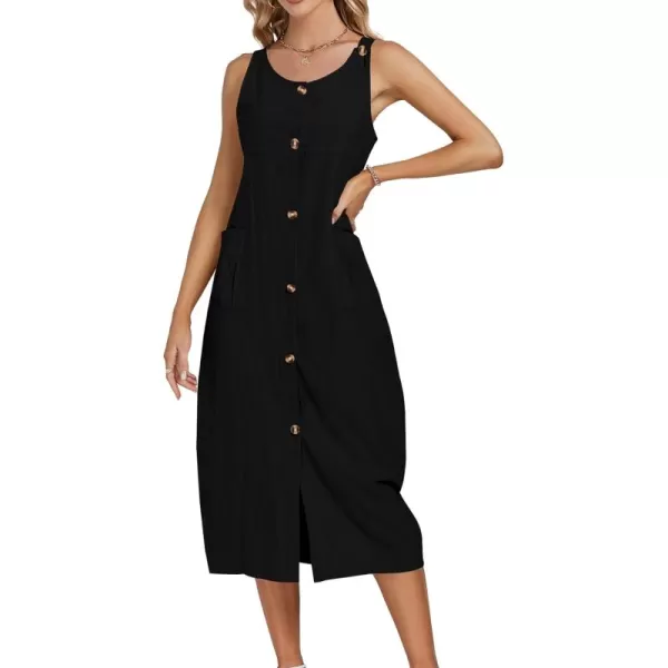 LYANER Women's Summer Casual Sleeveless Strap Buttons Down Midi Dress with Pockets