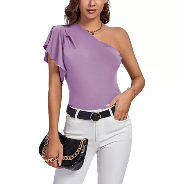 LYANER Women's Summer Elegant One Shoulder Ruched Ruffle Short Sleeve Blouse Top