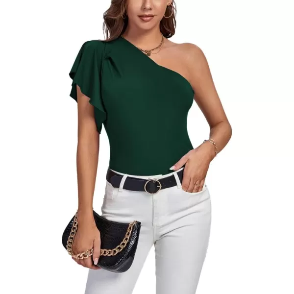 LYANER Women's Summer Elegant One Shoulder Ruched Ruffle Short Sleeve Blouse Top