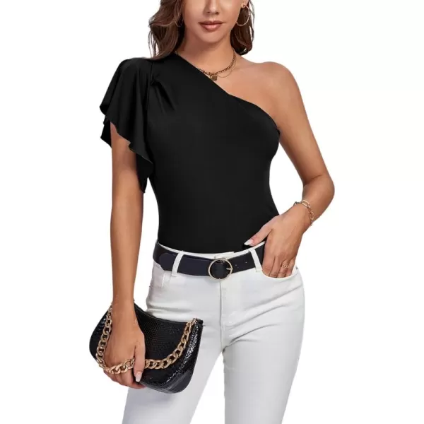 LYANER Women's Summer Elegant One Shoulder Ruched Ruffle Short Sleeve Blouse Top