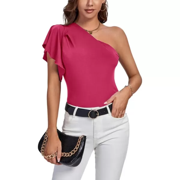 LYANER Women's Summer Elegant One Shoulder Ruched Ruffle Short Sleeve Blouse Top