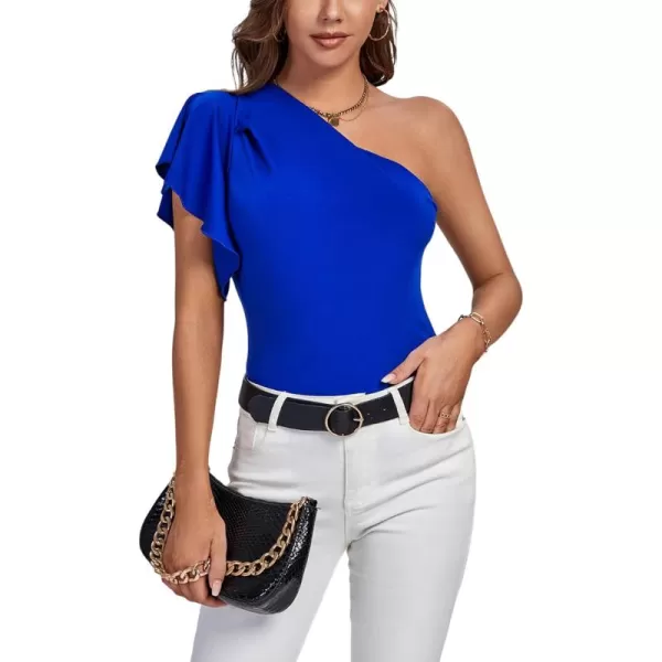 LYANER Women's Summer Elegant One Shoulder Ruched Ruffle Short Sleeve Blouse Top