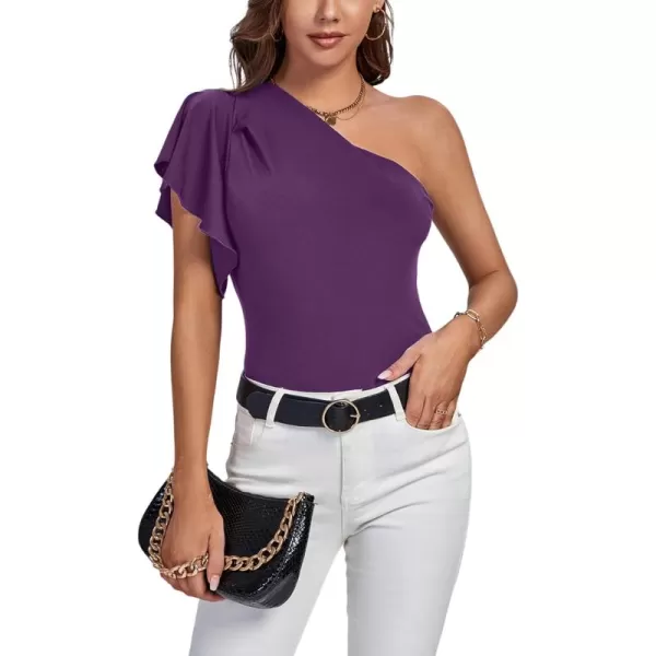 LYANER Women's Summer Elegant One Shoulder Ruched Ruffle Short Sleeve Blouse Top