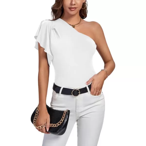 LYANER Women's Summer Elegant One Shoulder Ruched Ruffle Short Sleeve Blouse Top